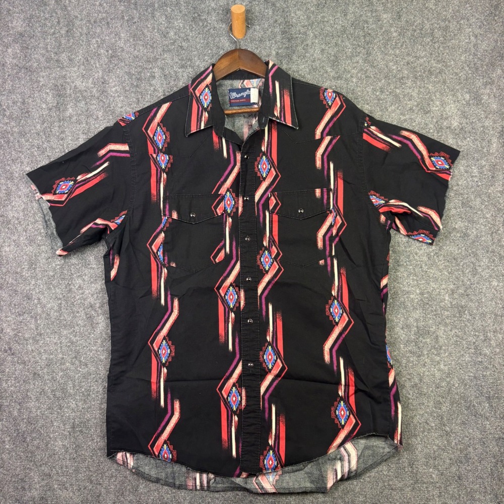 Wrangler Western Shirt Mens XL Black Aztec Geometric Pearl Snap Short Sleeve